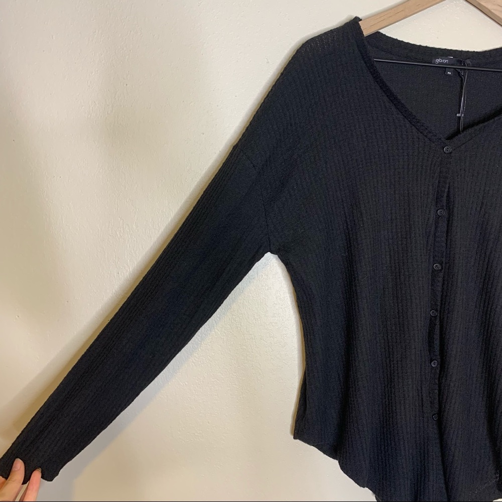 NWT Gibson Black Thermal Waffle Knit Tie Front Button Down Top XS - Picture 6 of 11